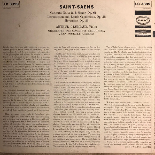 Camille Saint-Saëns - Arthur Grumiaux ,  Orchestre Des Concerts Lamoureux, Jean Fournet : Introduction And Rondo Capriccioso / Havanaise / Concerto No. 3 In B Minor For Violin And Orchestra (LP, Album, Mono, Promo)