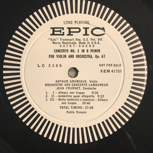 Camille Saint-Saëns - Arthur Grumiaux ,  Orchestre Des Concerts Lamoureux, Jean Fournet : Introduction And Rondo Capriccioso / Havanaise / Concerto No. 3 In B Minor For Violin And Orchestra (LP, Album, Mono, Promo)