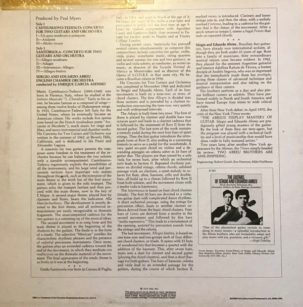 Sérgio And Eduardo Abreu, English Chamber Orchestra, Enrique Garcia Asensio - Mario Castelnuovo-Tedesco & Guido Santórsola : 2 Concertos For 2 Guitars (LP)