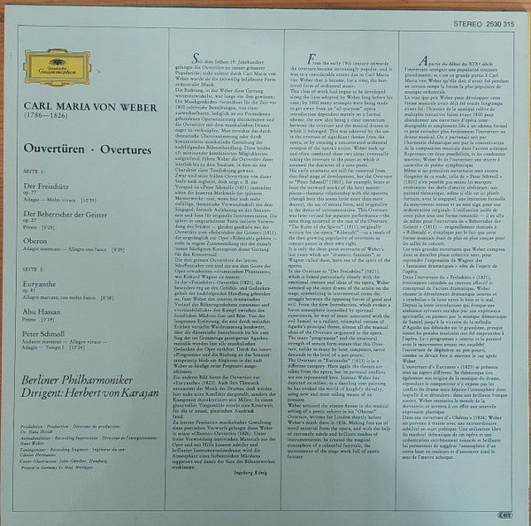 Carl Maria von Weber, Berliner Philharmoniker • Herbert von Karajan : Ouvertüren = Overtures (LP, RE)