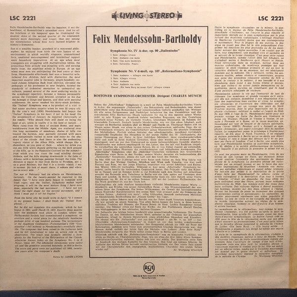 Felix Mendelssohn-Bartholdy - Charles Munch . . . . Boston Symphony Orchestra : Symphonie n°4 - Symphonie n°5 (LP, Album)