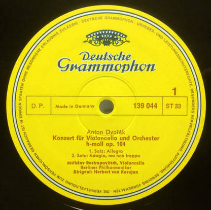 Antonín Dvořák / Pyotr Ilyich Tchaikovsky – Mstislav Rostropovich, Berliner Philharmoniker, Herbert von Karajan : Cello Concerto / Variations On A Rococo Theme (LP, Album, RE)