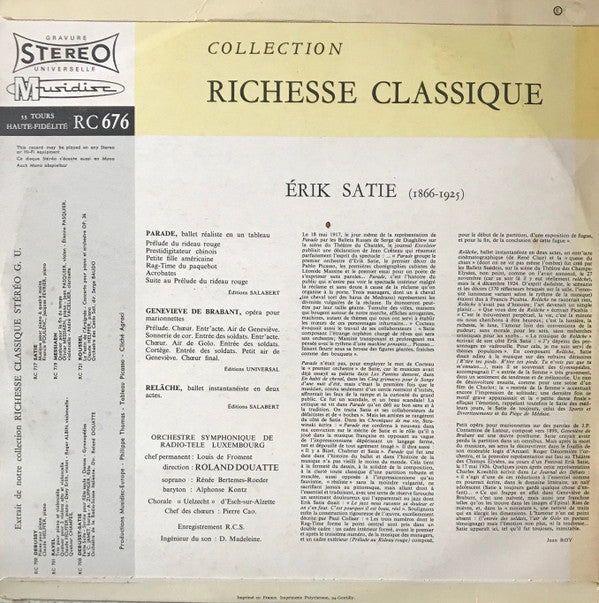 Erik Satie, Orchestra Of Radio Luxembourg Direction Roland Douatte : Parade / Geneviève De Brabant / Relâche (LP, RE, Fli)