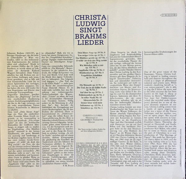 Johannes Brahms - Christa Ludwig, Geoffrey Parsons (2) : Lieder (LP)