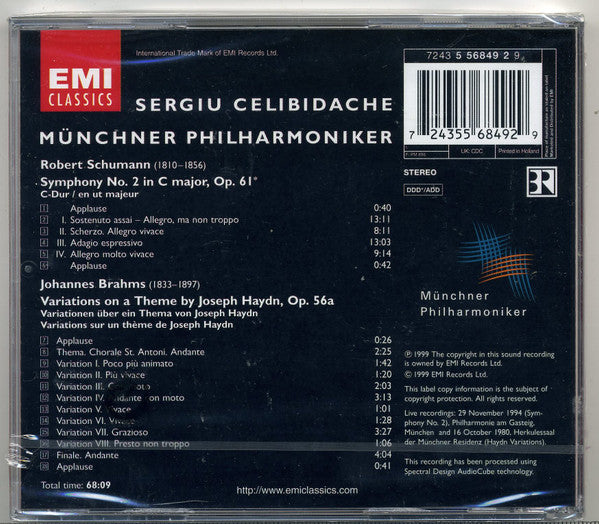 Sergiu Celibidache, Münchner Philharmoniker, Robert Schumann, Johannes Brahms : Schumann 2 / Brahms: Haydn Variations (CD, Album, RM)