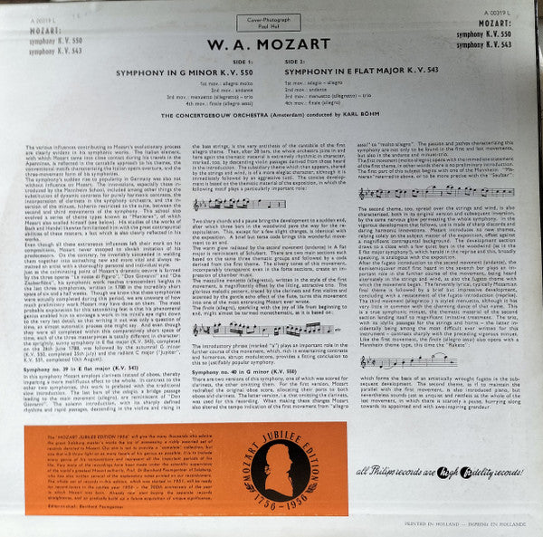 Wolfgang Amadeus Mozart, Karl Böhm, Concertgebouworkest : Karl Böhm Conducting The Concertgebouw Orchestra Amsterdam* ‎– Symphony In G Minor K.V. 550 / Symphony In E Flat Major K.V. 543 (LP, Mono)