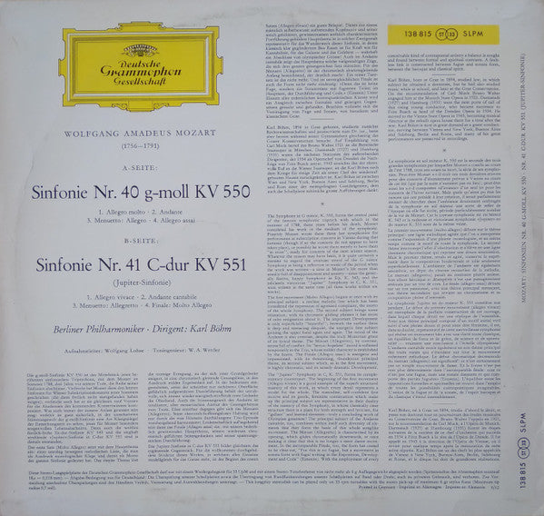 Wolfgang Amadeus Mozart, Berliner Philharmoniker ∙ Karl Böhm : Sinfonien Nr. 40 G-Moll KV 550 / Nr. 41 C-Dur KV 551 (Jupiter-Sinfonie) (LP, M/Print, GY5)