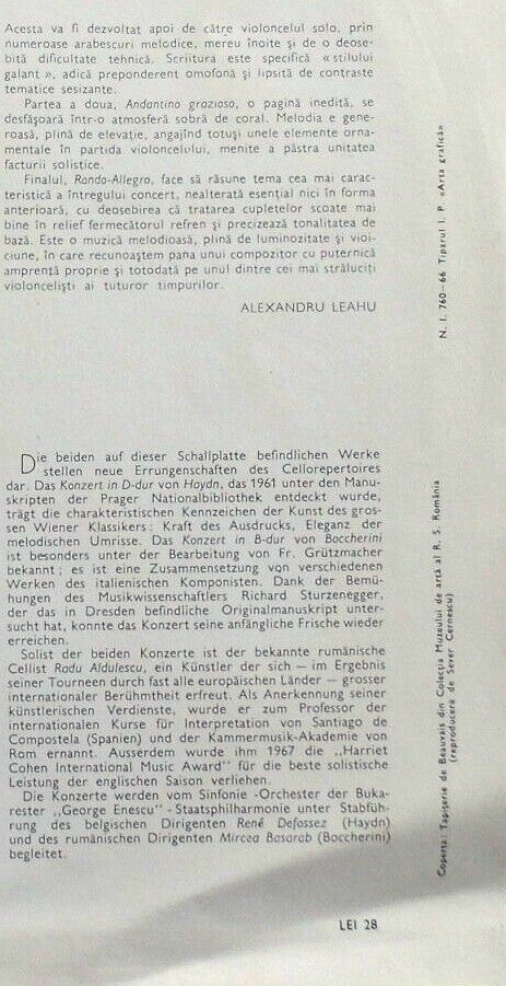 Joseph Haydn / Luigi Boccherini - Solist: Radu Aldulescu : Concert Pentru Violoncel Și Orchestră În Do Major / Concert Pentru Violoncel Și Orchestră În Si Bemol Major (LP, Mono)