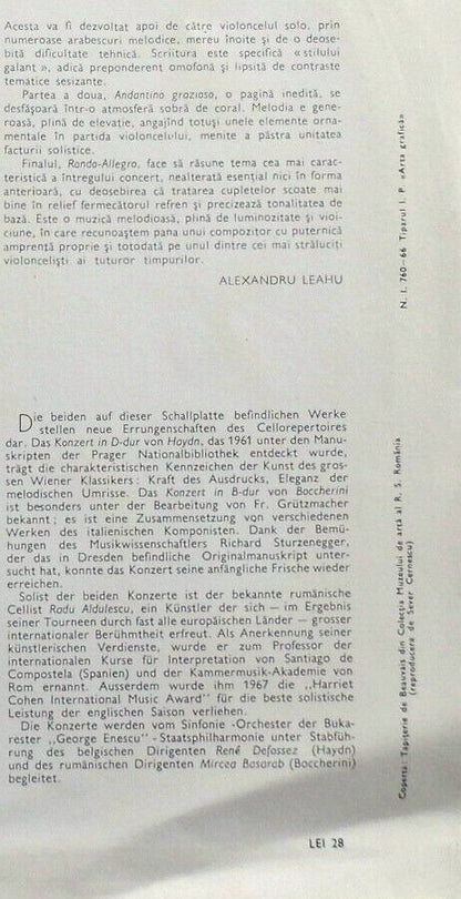 Joseph Haydn / Luigi Boccherini - Solist: Radu Aldulescu : Concert Pentru Violoncel Și Orchestră În Do Major / Concert Pentru Violoncel Și Orchestră În Si Bemol Major (LP, Mono)