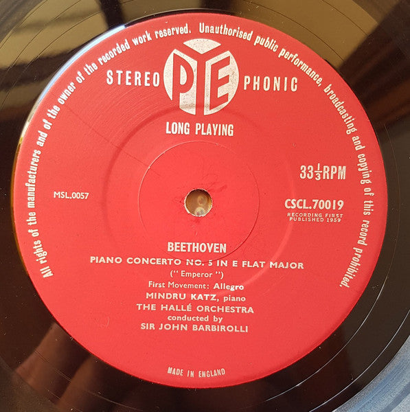 Ludwig van Beethoven, Mindru Katz, Sir John Barbirolli, Hallé Orchestra : Piano Concerto No. 5 In E Flat Major, Op. 73 "Emperor" (LP)