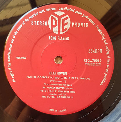 Ludwig van Beethoven, Mindru Katz, Sir John Barbirolli, Hallé Orchestra : Piano Concerto No. 5 In E Flat Major, Op. 73 "Emperor" (LP)