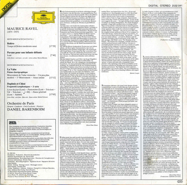 Maurice Ravel · Orchestre De Paris · Daniel Barenboim : Bolero · La Valse · Pavane Pour Une Infante Défunte · Daphnis Et Chloé: Suite No. 2 (LP)