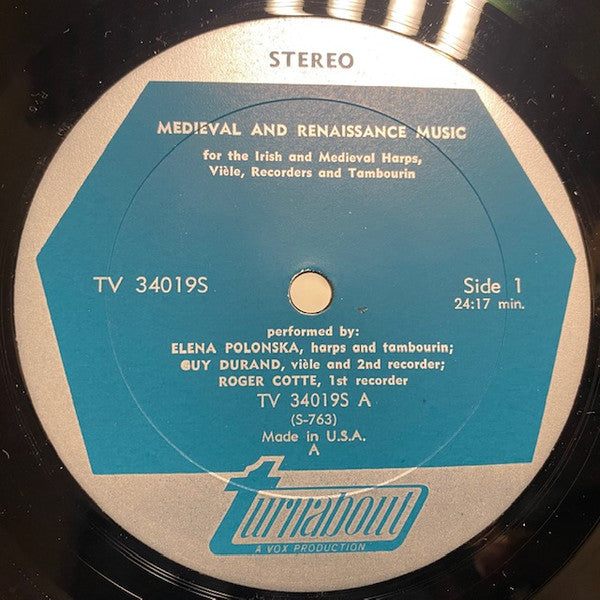 Elena Polonska, Guy Durand, Roger Cotte : Medieval And Renaissance Music For The Irish And Medieval Harps, Vièle, Recorders And Tambourin (LP, Album)