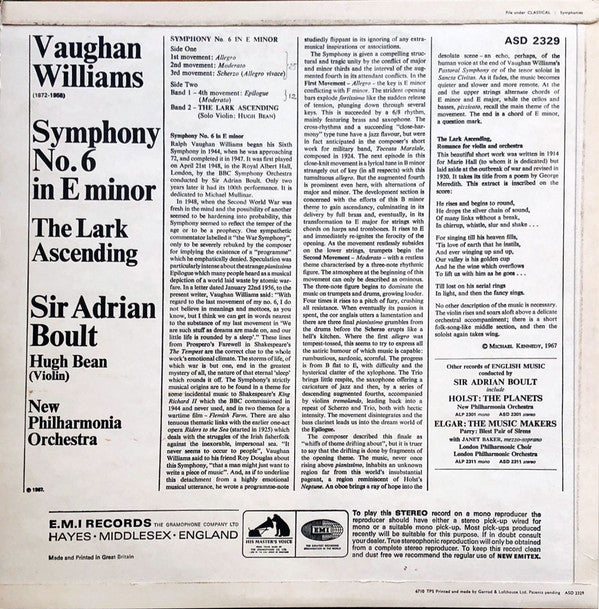 Sir Adrian Boult conducts Ralph Vaughan Williams : Symphony No. 6, The Lark Ascending (LP, RP)