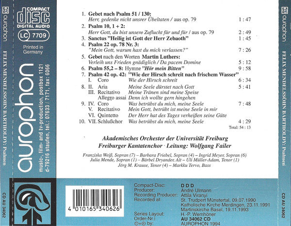 Felix Mendelssohn-Bartholdy, Akademisches Orchester Freiburg · Freiburger Kantatenchor · Wolfgang Failer : Psalmen (CD)