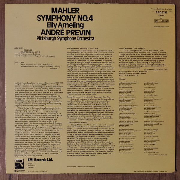 Gustav Mahler, Elly Ameling, André Previn, Pittsburgh Symphony Orchestra : Symphony No.4 (LP, RE, RP,  )