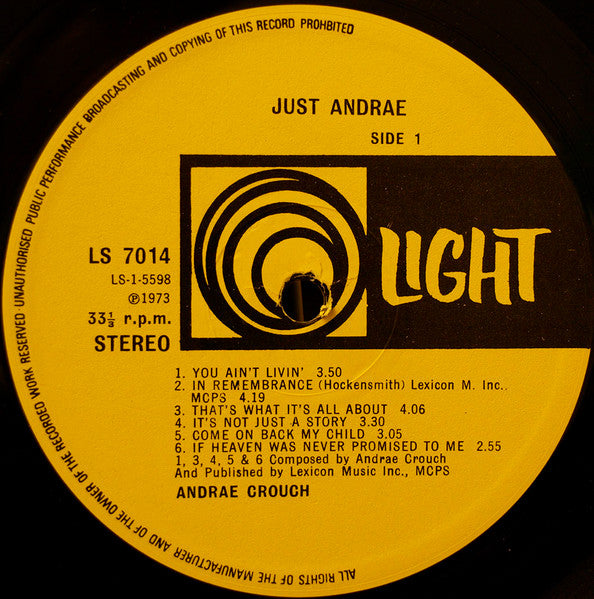 Andraé Crouch : Just Andraé (LP, Album)
