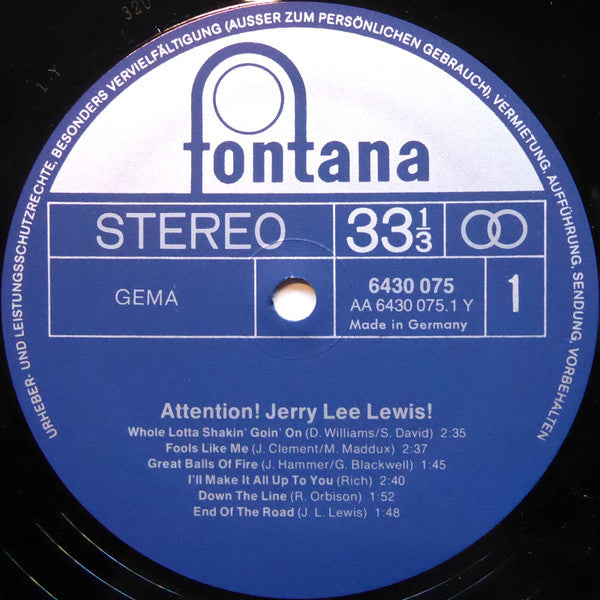 Jerry Lee Lewis : Attention! Jerry Lee Lewis (LP, Album, RE)