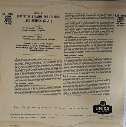 Wolfgang Amadeus Mozart, Mitglieder Des Wiener Oktetts : Quintet In A Major For Clarinet And Strings (K.581) (LP, Mono)