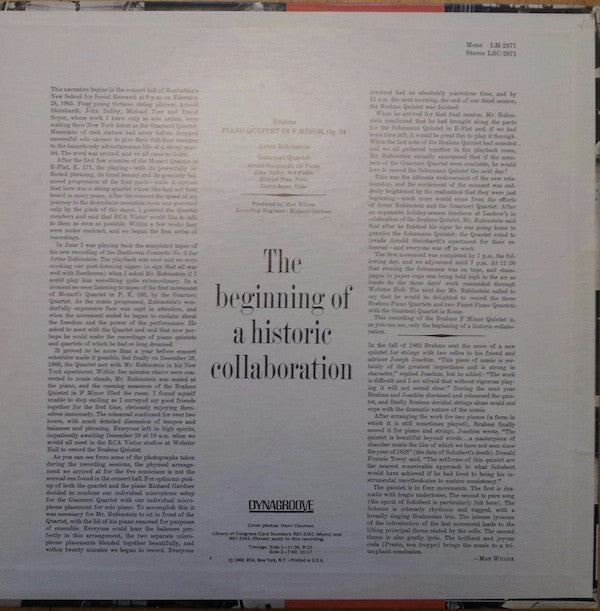 Johannes Brahms, Arthur Rubinstein / Guarneri Quartet : Piano Quintet In F Minor, Op.34 (LP, Album, RE)