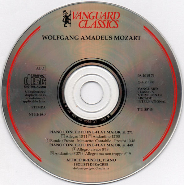 Alfred Brendel, Wolfgang Amadeus Mozart, Zagrebački Solisti, Antonio Janigro : Piano Concerto No. 9 In E-flat K271 / Piano Concerto No. 14 In E-flat K449 (CD, Album, RE)