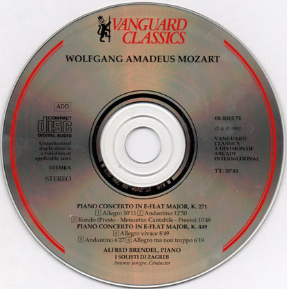 Alfred Brendel, Wolfgang Amadeus Mozart, Zagrebački Solisti, Antonio Janigro : Piano Concerto No. 9 In E-flat K271 / Piano Concerto No. 14 In E-flat K449 (CD, Album, RE)