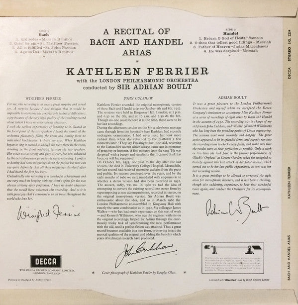 Kathleen Ferrier, London Philharmonic Orchestra : A Recital Of Bach And Handel Arias (LP, Ed1)