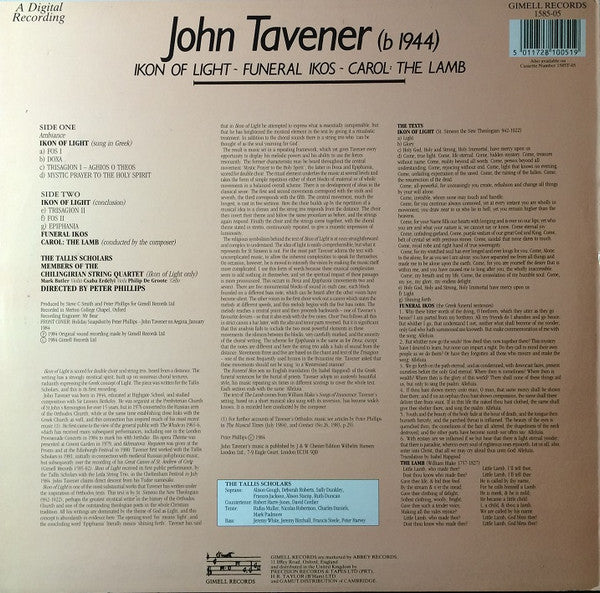 John Tavener, The Tallis Scholars, Chilingirian String Quartet : Ikon Of Light / Funeral Ikos / Carol: The Lamb (LP, Album)