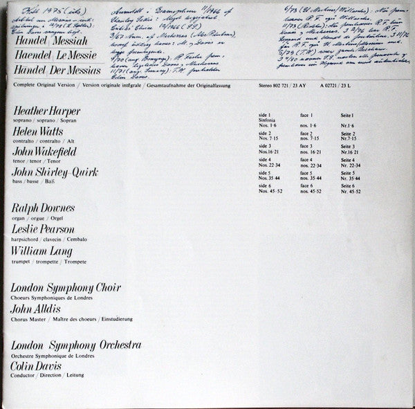 Georg Friedrich Händel - Sir Colin Davis - London Symphony Orchestra - London Symphony Chorus - Heather Harper - Helen Watts - John Wakefield - John Shirley-Quirk : Der Messias (3xLP + Box)