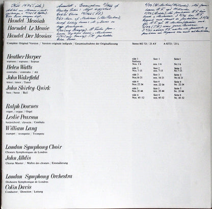 Georg Friedrich Händel - Sir Colin Davis - London Symphony Orchestra - London Symphony Chorus - Heather Harper - Helen Watts - John Wakefield - John Shirley-Quirk : Der Messias (3xLP + Box)