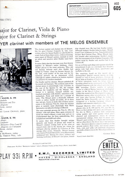 Wolfgang Amadeus Mozart - Gervase de Peyer with members of the Melos Ensemble Of London : Trio In E Flat Major, K.498; Quintet In A Major, K.581 (LP, red)