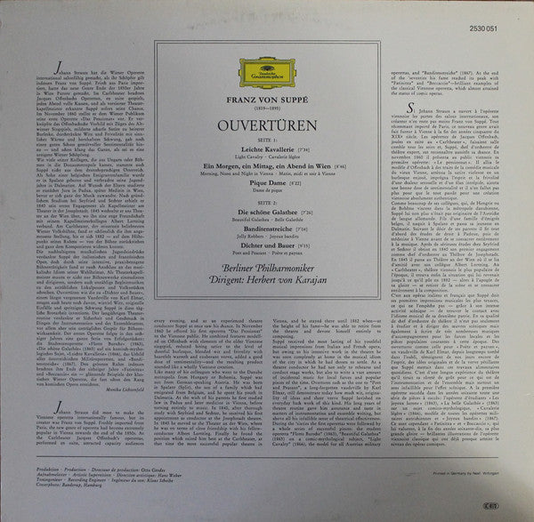 Franz von Suppé – Berliner Philharmoniker, Herbert von Karajan : Ouvertüren - Leichte Kavallerie·Pique Dame·Die Schöne Galathée·Dichter Und Bauer U.A. (LP, Comp, RE)
