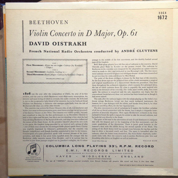 Ludwig van Beethoven / David Oistrach / Orchestre National De France conducted by André Cluytens : Violin Concerto In D Major, Op.61 (LP, Album, Mono)