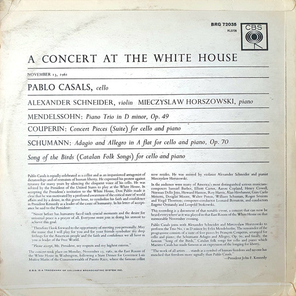 Pablo Casals, Alexander Schneider, Mieczyslaw Horszowski : A Concert At The White House (LP, RE)