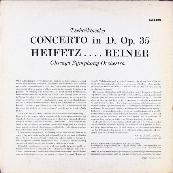 Pyotr Ilyich Tchaikovsky, Jascha Heifetz, Chicago Symphony Orchestra, Fritz Reiner : Concerto In D, Op. 35 (LP, Album, Mono)