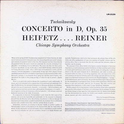 Pyotr Ilyich Tchaikovsky, Jascha Heifetz, Chicago Symphony Orchestra, Fritz Reiner : Concerto In D, Op. 35 (LP, Album, Mono)