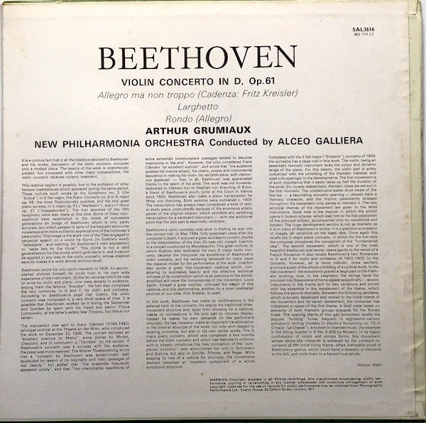 Ludwig Van Beethoven / Arthur Grumiaux : Violin Concerto In D-Major (LP)