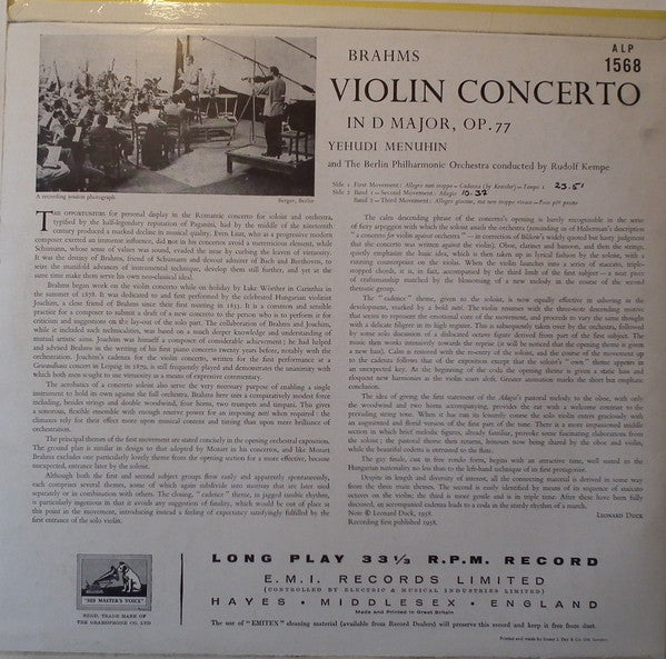 Yehudi Menuhin, The Berlin Philmarmonic Orchestra : Brahms Violin Concerto in D Major op. 77 (LP, Mono, RE)