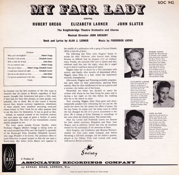 Lerner & Loewe - Elizabeth Larner, Hubert Gregg, John Slater (7), The Knightsbridge Theatre Orchestra And Chorus, John Gregory : My Fair Lady (LP)