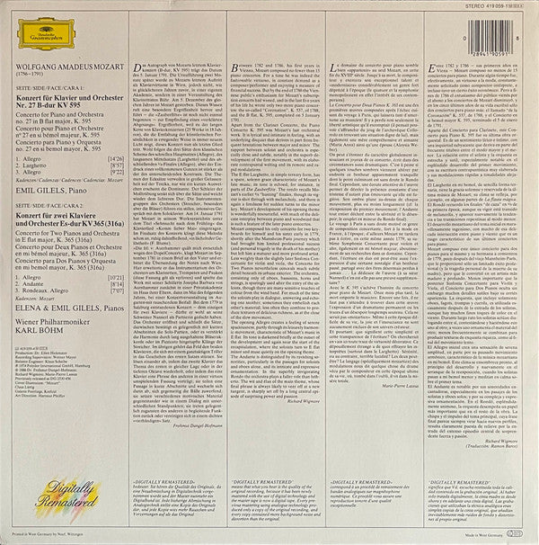 Wolfgang Amadeus Mozart, Emil Gilels & Elena Gilels, Wiener Philharmoniker, Karl Böhm : Piano Concerto No. 27 - Concerto For 2 Pianos (LP, RM)