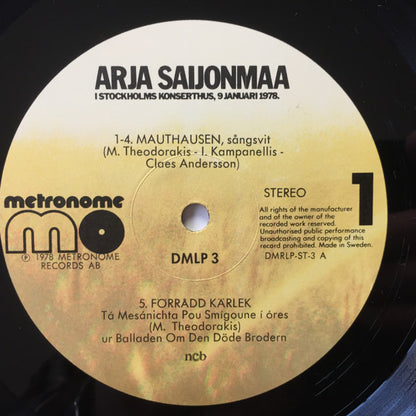 Arja Saijonmaa : I Stockholms Konserthus, 9 Januari 1978 (2xLP, Album)