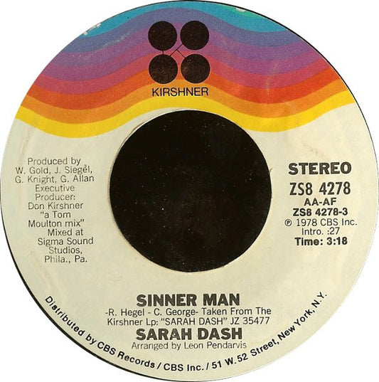 Sarah Dash : Sinner Man / Look But Don't Touch (7", Styrene)