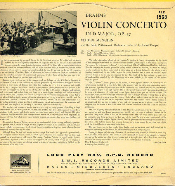 Yehudi Menuhin, Berliner Philharmoniker - Rudolf Kempe : Brahms Violin Concerto (LP, Mono)