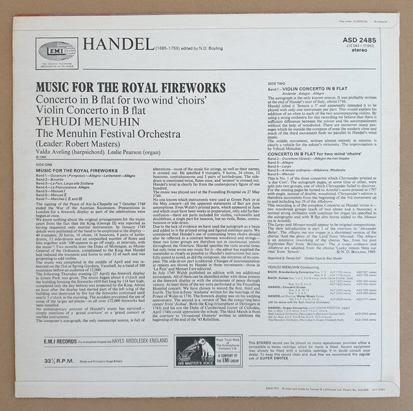 Georg Friedrich Händel, Yehudi Menuhin, Menuhin Festival Orchestra : Music For The Royal Fireworks (LP, 1st)