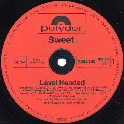 The Sweet : Level Headed (LP, Album, Gat)