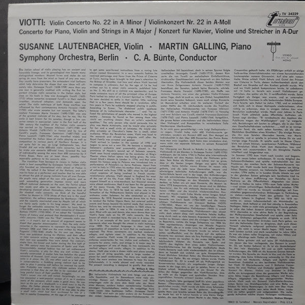 Giovanni Battista Viotti - Susanne Lautenbacher, Martin Galling, Berliner Symphoniker, Carl-August Bünte : Concerto No. 22 In A Minor For Violin & Orchestra / Concerto For Piano, Violin & String Orchestra (LP)