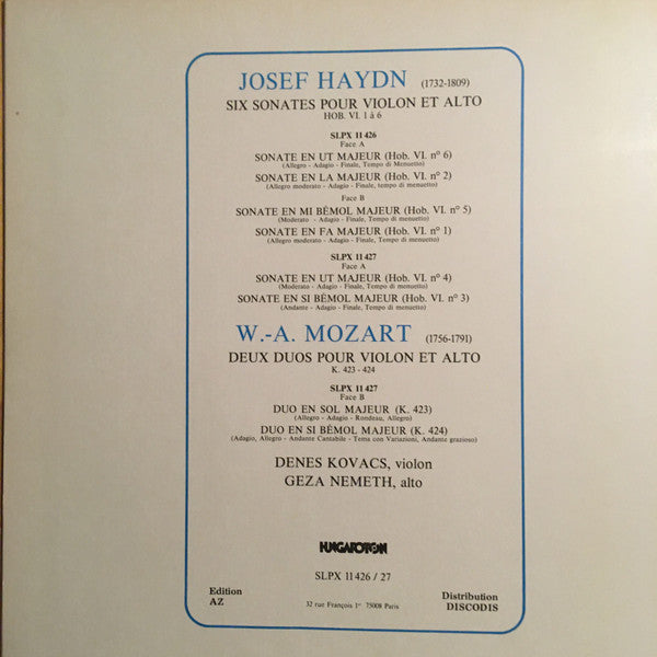 Joseph Haydn, Wolfgang Amadeus Mozart / Dénes Kovács, Géza Németh : 6 Sonates (Hob. VI 1-6). 2 Duos (K 423 / 424) Pour Violon Et Alto (2xLP, Album)