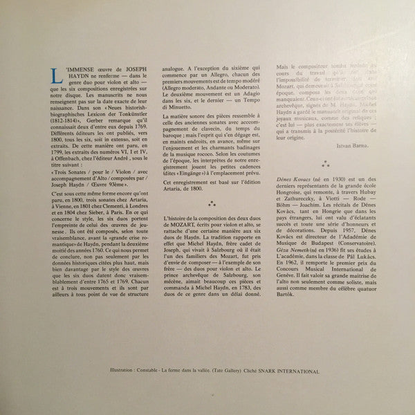 Joseph Haydn, Wolfgang Amadeus Mozart / Dénes Kovács, Géza Németh : 6 Sonates (Hob. VI 1-6). 2 Duos (K 423 / 424) Pour Violon Et Alto (2xLP, Album)