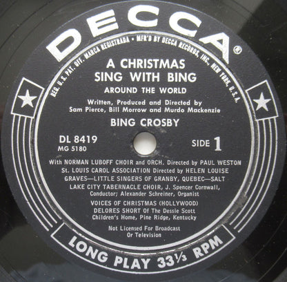 Bing Crosby With Paul Weston And His Orchestra, Norman Luboff Choir : A Christmas Sing With Bing - Around The World (LP, Album, Mono)