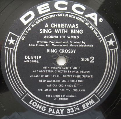 Bing Crosby With Paul Weston And His Orchestra, Norman Luboff Choir : A Christmas Sing With Bing - Around The World (LP, Album, Mono)